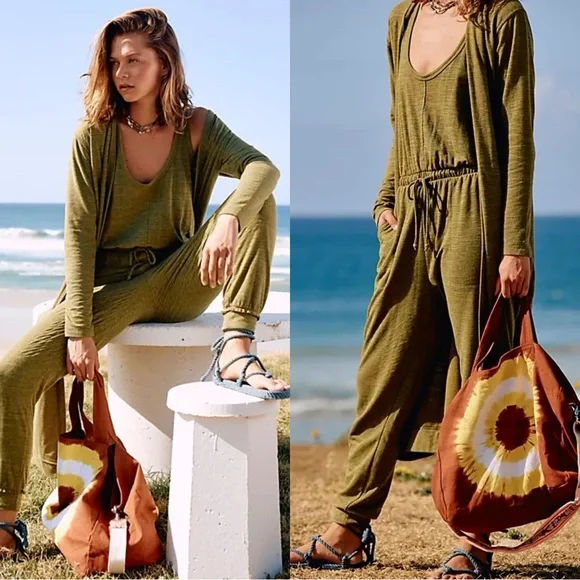 FREE PEOPLE FP Beach 2 Piece BiCoastal Quiet Moss Jumpsuit Cardigan Duster Set - Picture 2 of 11
